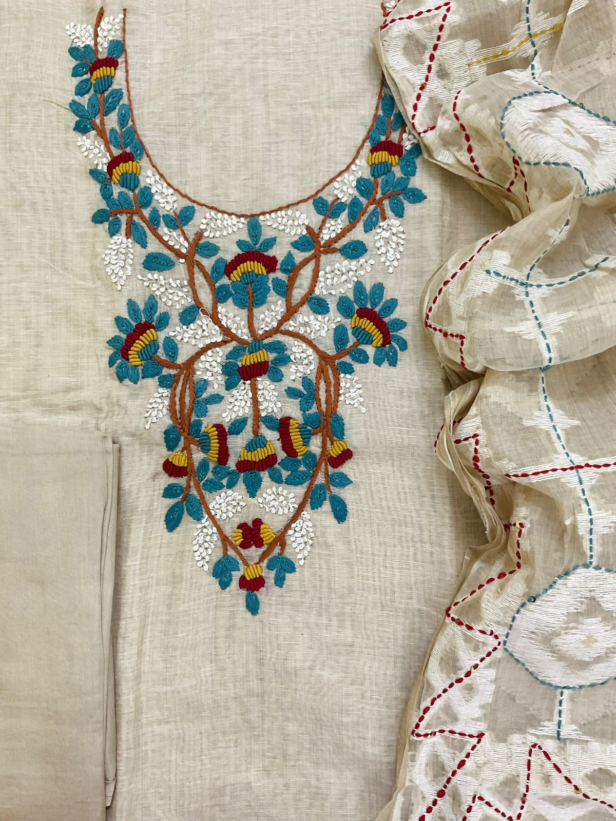 Pure Slub Chanderi Jamdani Weaved Embroidered Suit - Beige