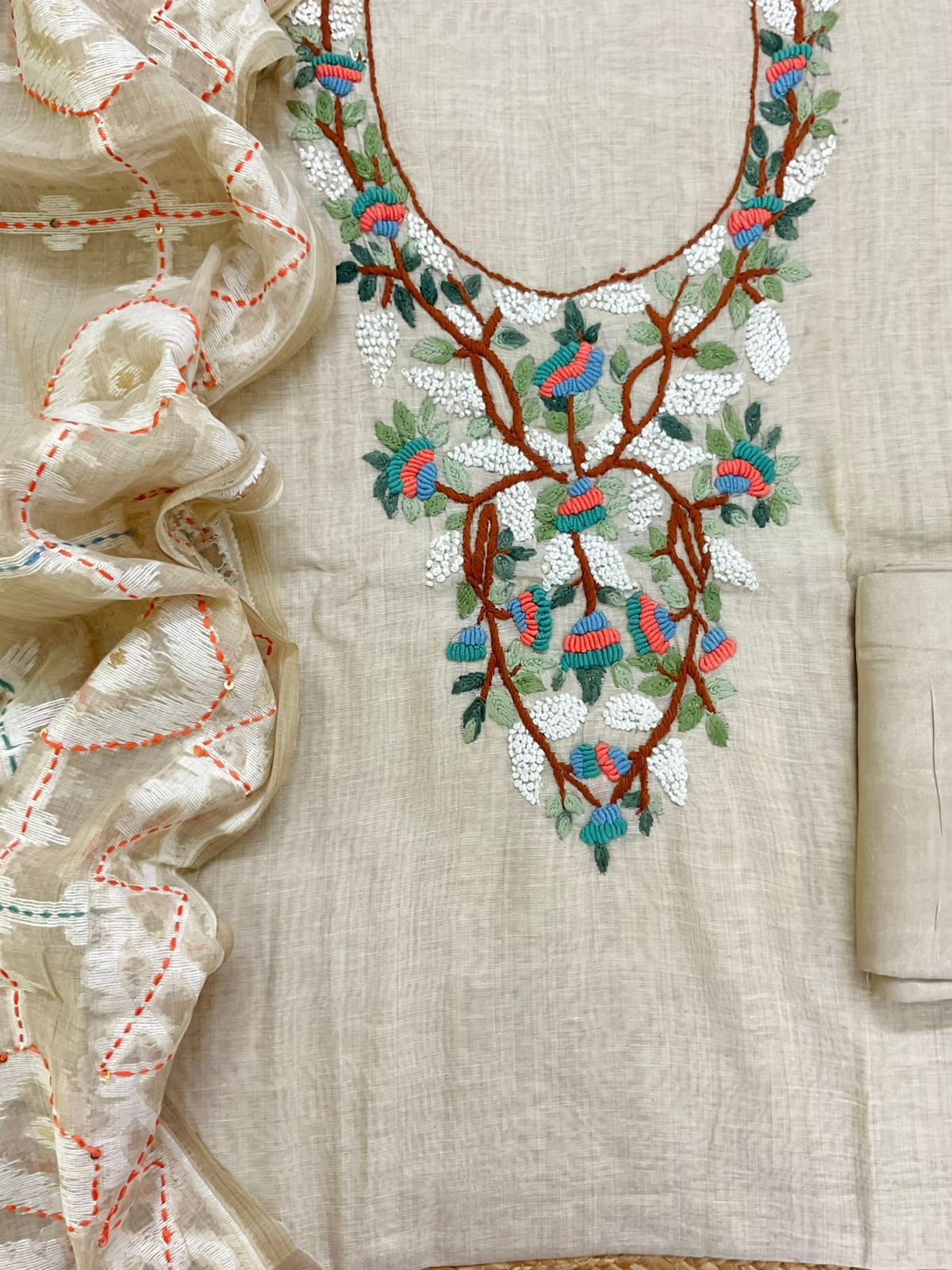 Pure Slub Chanderi Jamdani Weaved Embroidered Suit - Beige