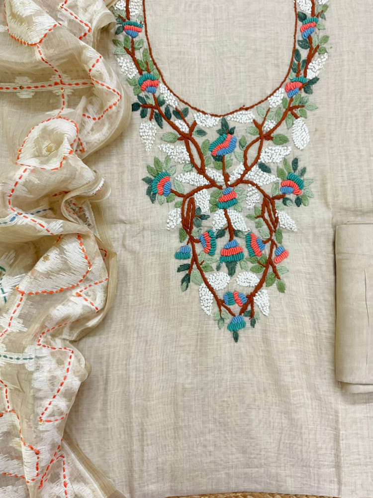 Image of Pure Slub Chanderi Jamdani Weaved Embroidered Suit - Beige