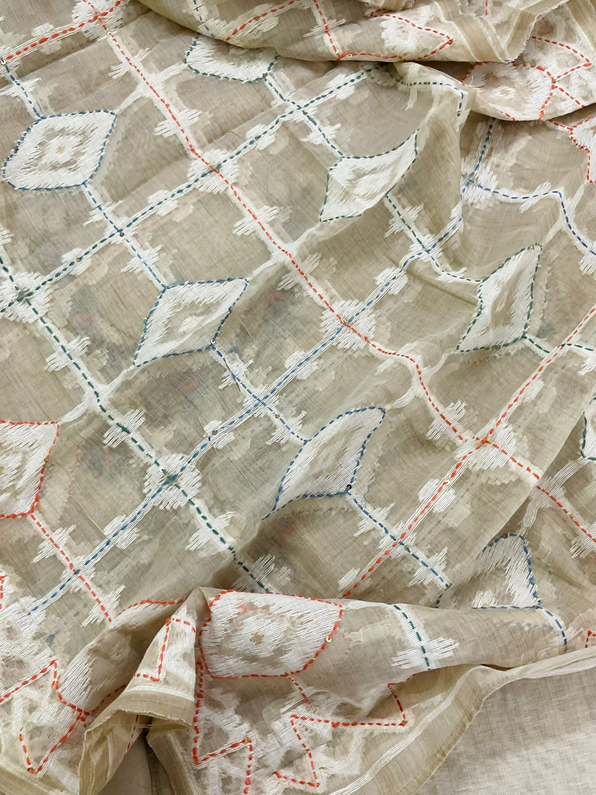 Pure Slub Chanderi Jamdani Weaved Embroidered Suit - Beige