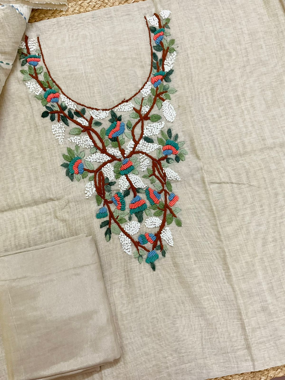 Pure Slub Chanderi Jamdani Weaved Embroidered Suit - Beige