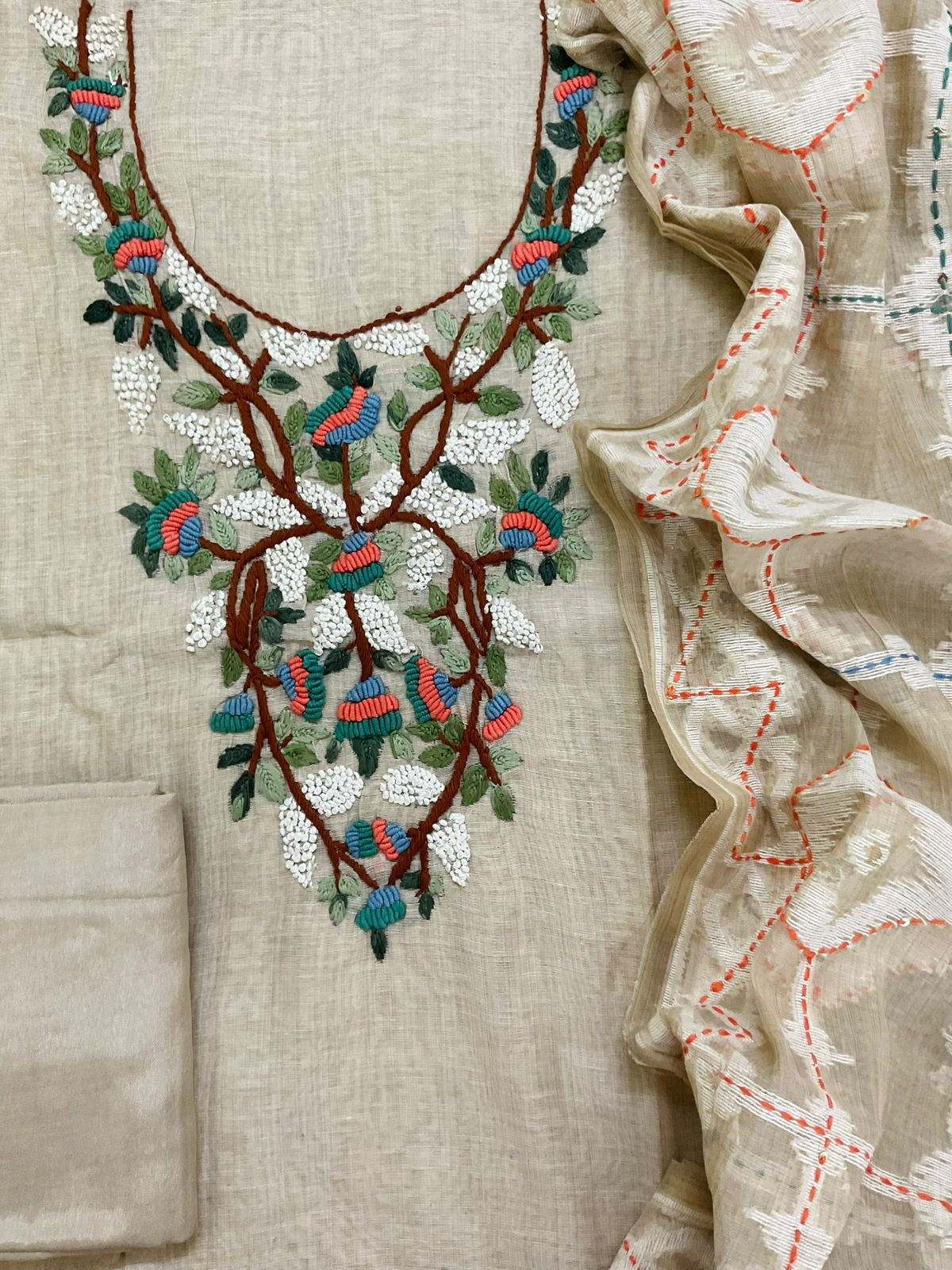 Pure Slub Chanderi Jamdani Weaved Embroidered Suit - Beige