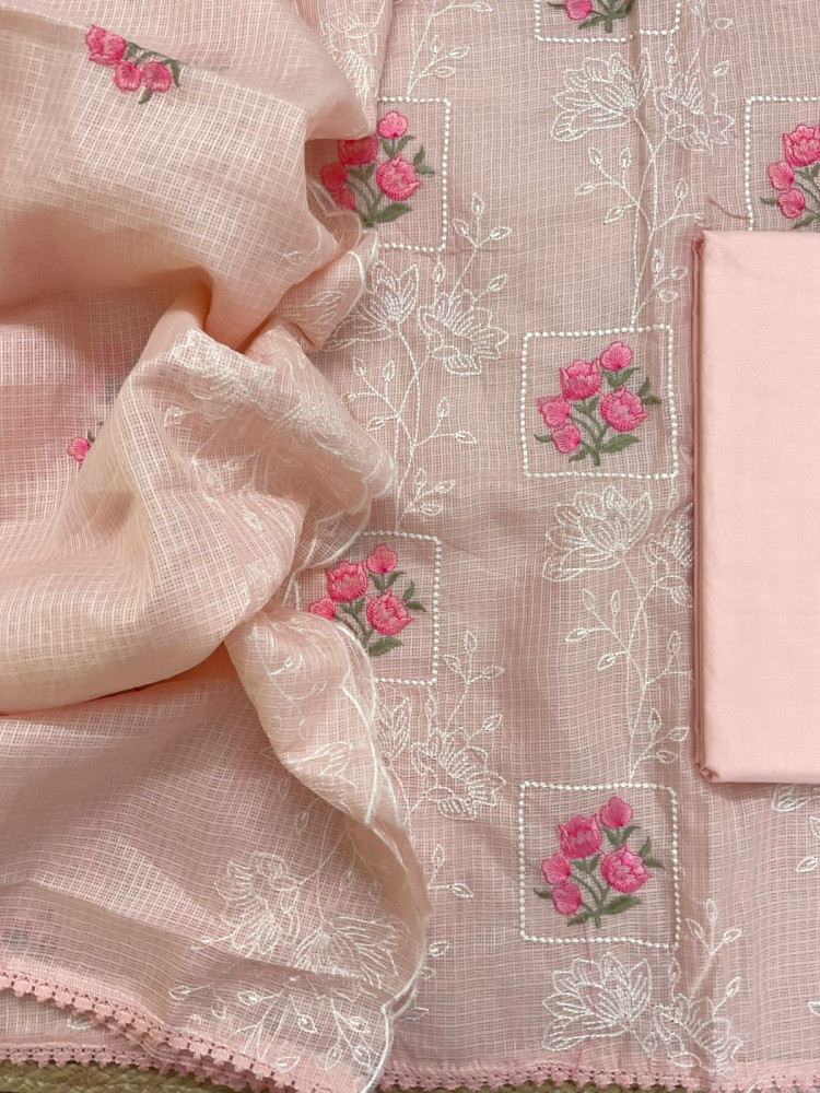 Image of Soft Kota Silk Embroidered Suit - Peach