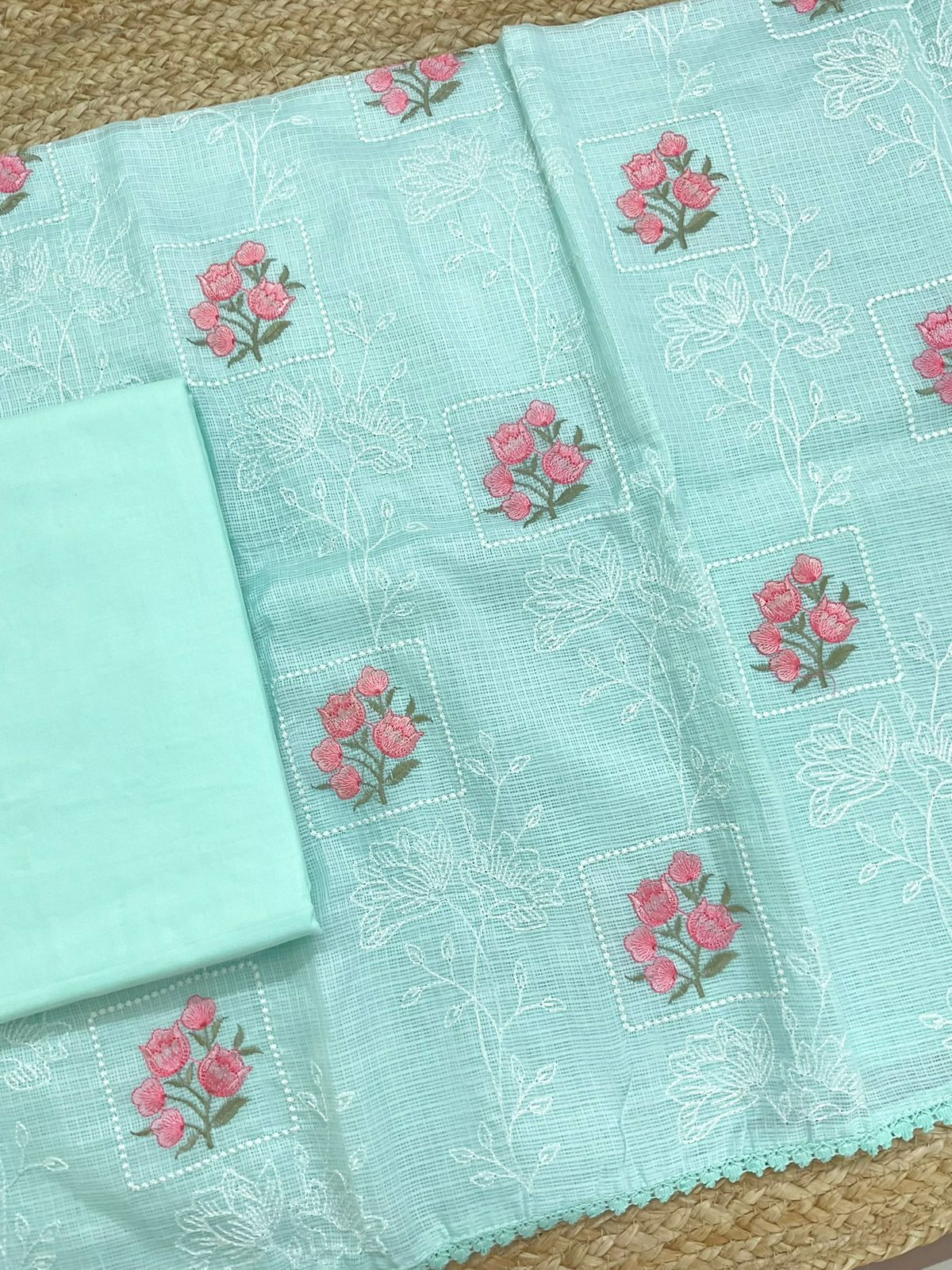 Soft Kota Silk Embroidered Suit - Sea Blue