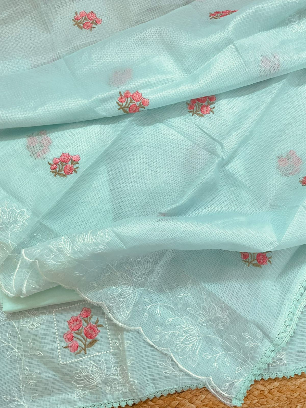 Soft Kota Silk Embroidered Suit - Sea Blue
