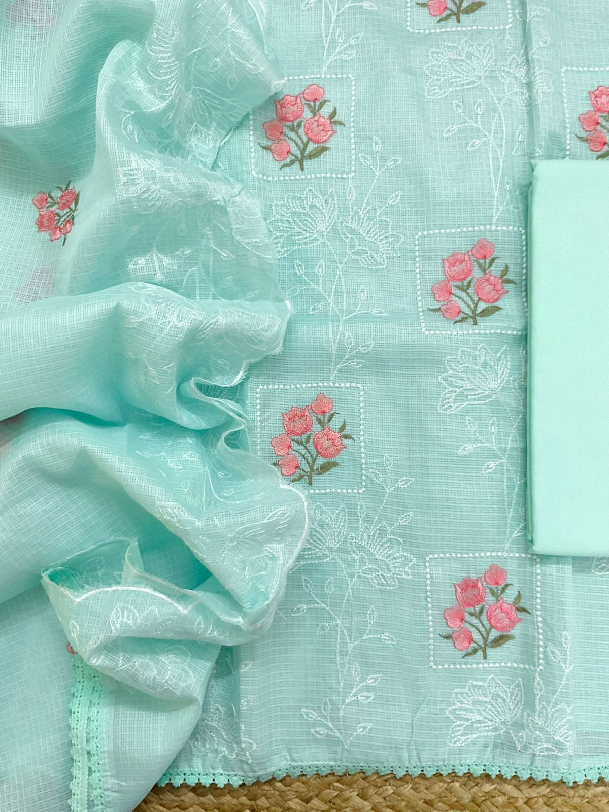 Soft Kota Silk Embroidered Suit - Sea Blue