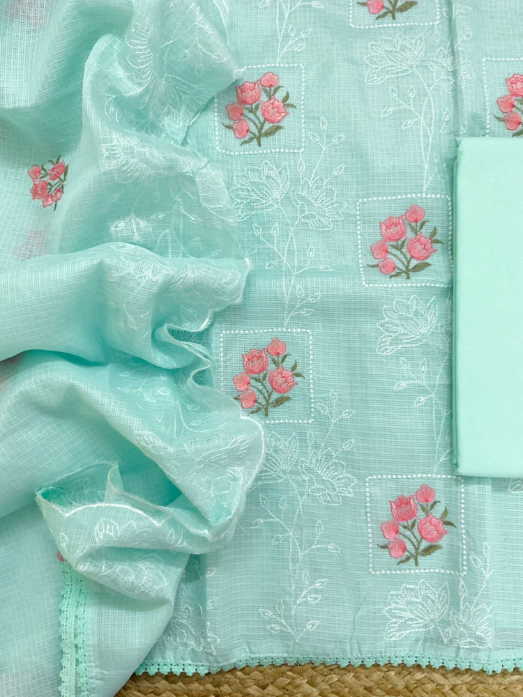 Image of Soft Kota Silk Embroidered Suit - Sea Blue