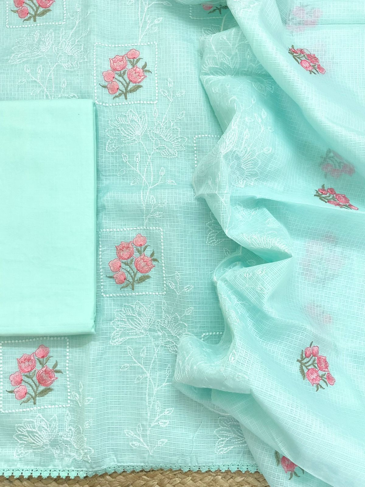 Soft Kota Silk Embroidered Suit - Sea Blue