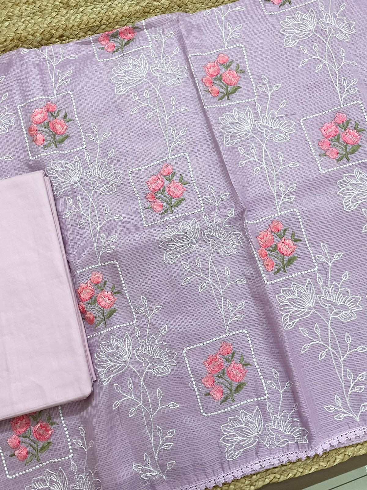 Soft Kota Silk Embroidered Suit - Lavender