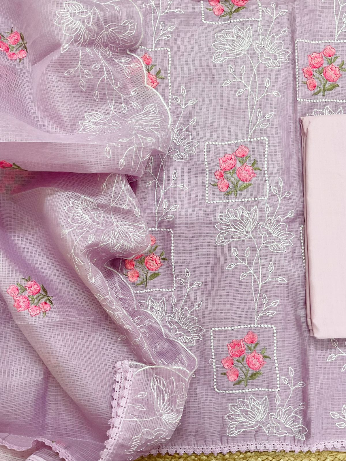 Soft Kota Silk Embroidered Suit - Lavender