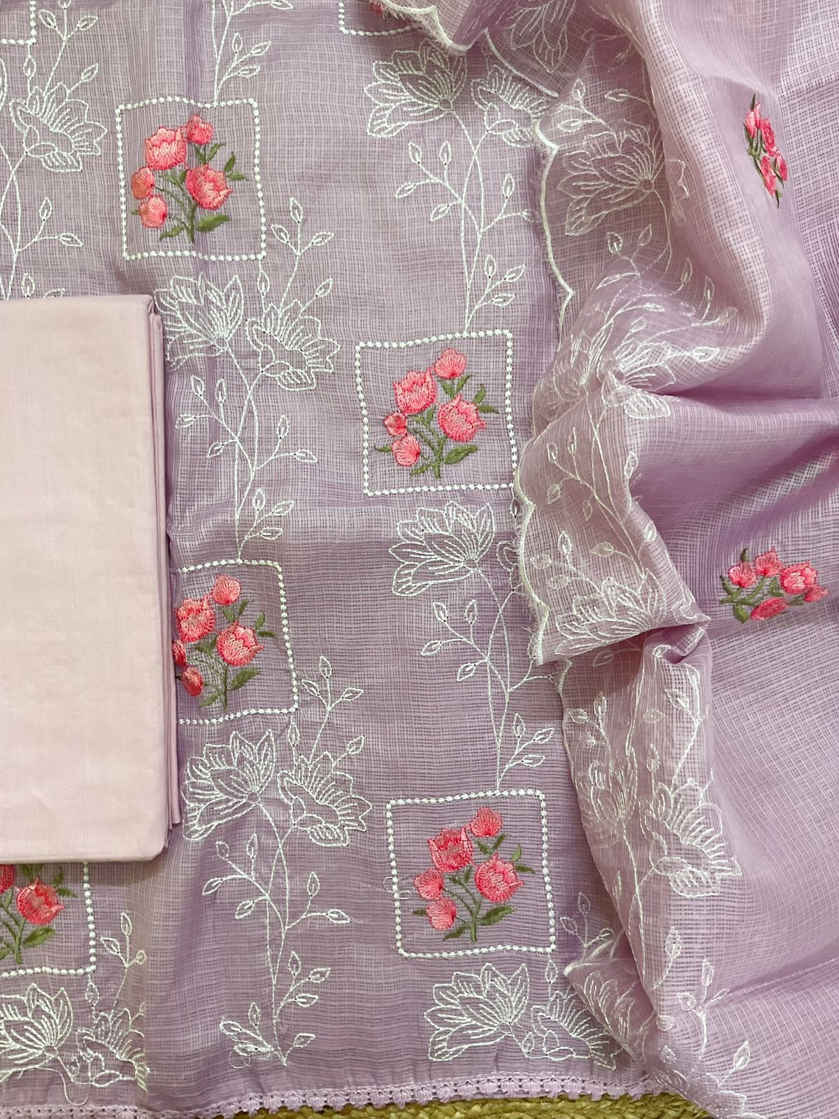 Soft Kota Silk Embroidered Suit - Lavender