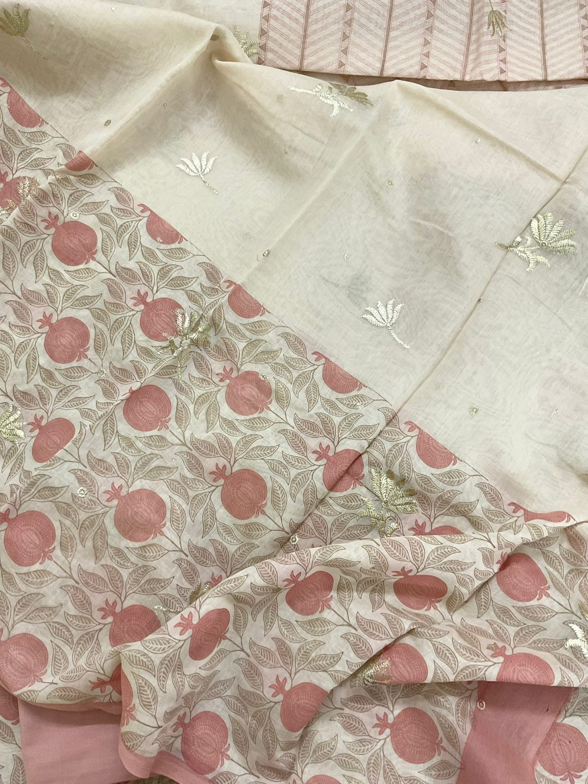 Pure Mul Chanderi Printed Embroidered Suit - Cream