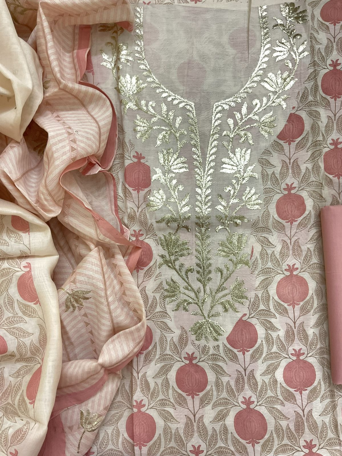 Pure Mul Chanderi Printed Embroidered Suit - Cream