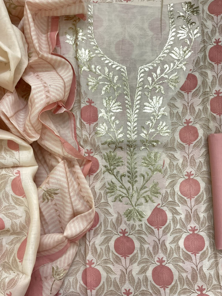 Image of Pure Mul Chanderi Printed Embroidered Suit - Cream