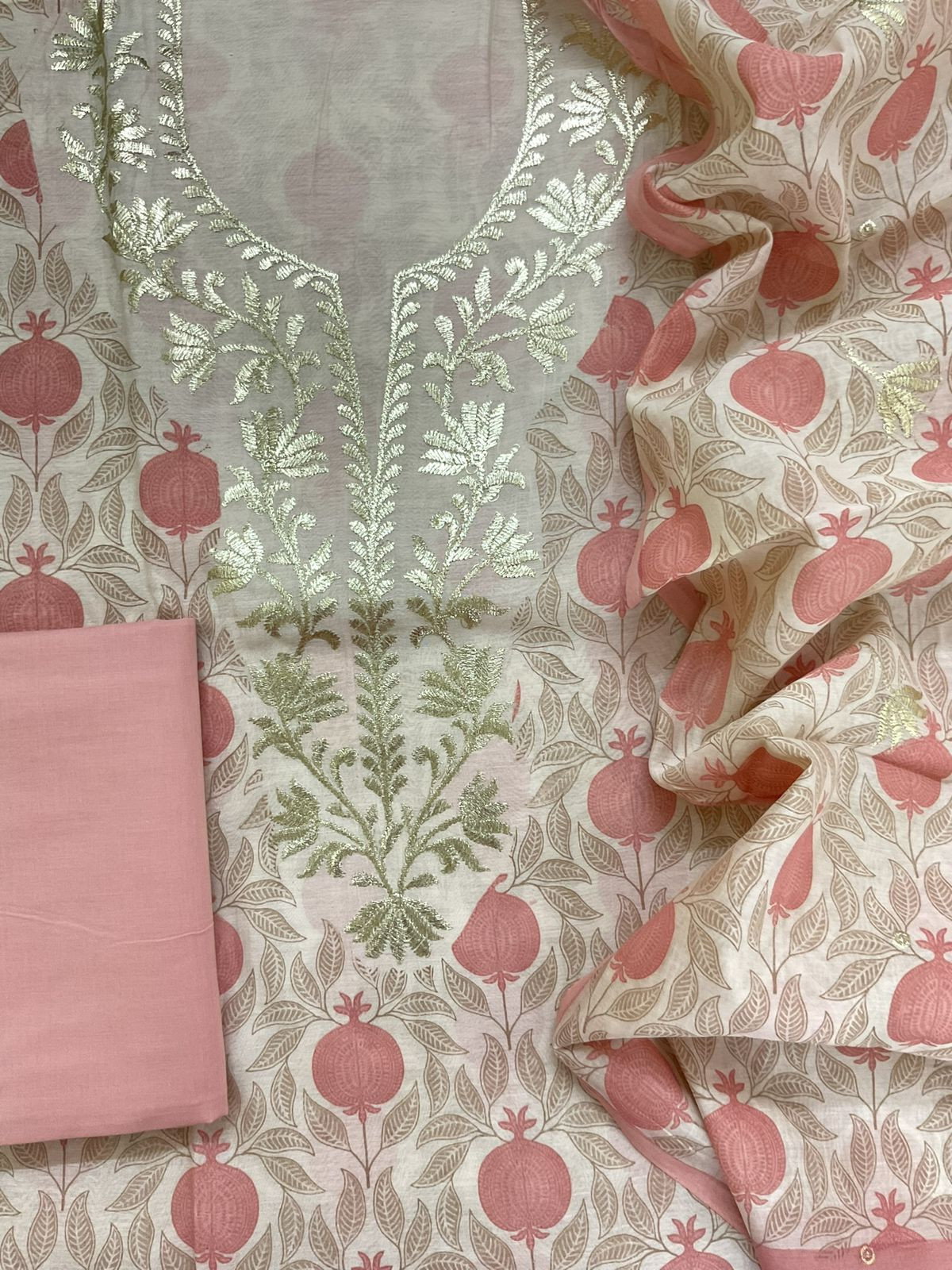 Pure Mul Chanderi Printed Embroidered Suit - Cream