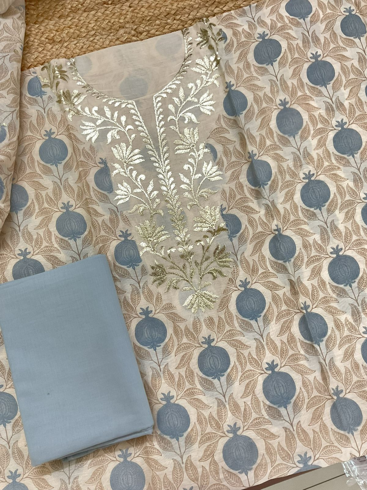 Pure Mul Chanderi Printed Embroidered Suit - Cream