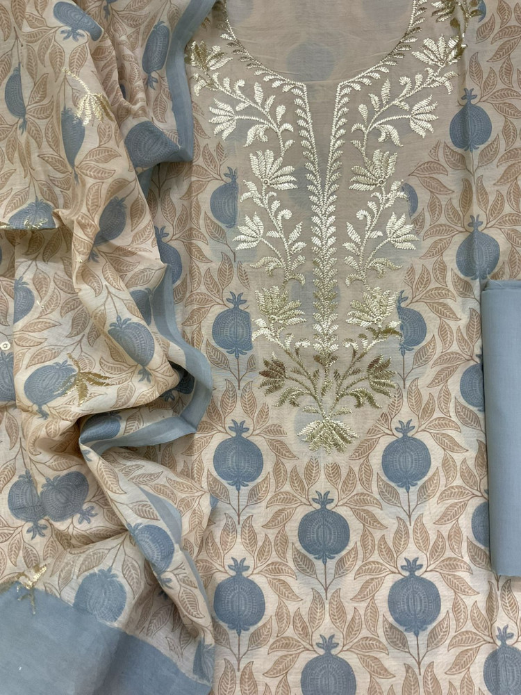 Image of Pure Mul Chanderi Printed Embroidered Suit - Cream