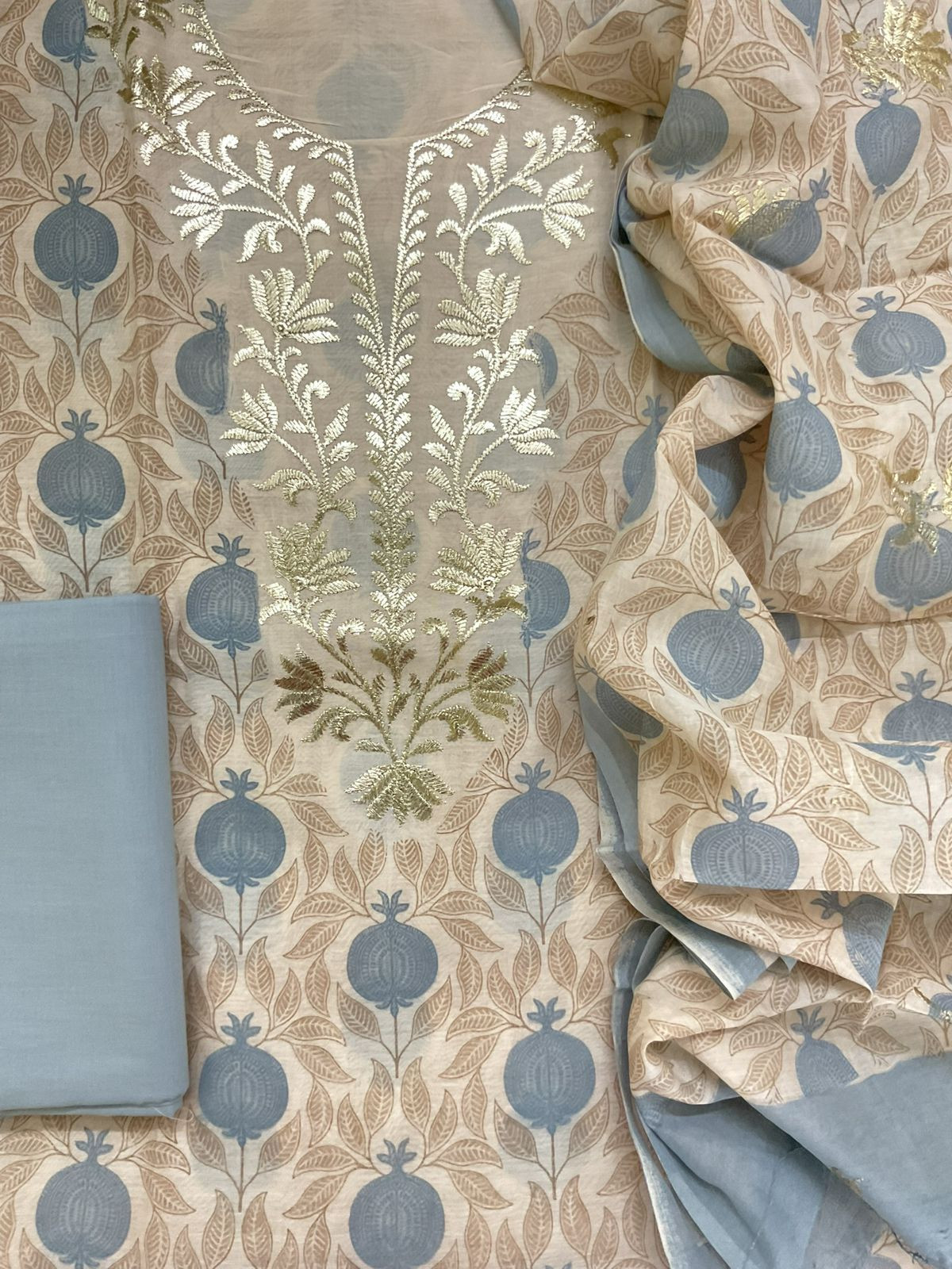 Pure Mul Chanderi Printed Embroidered Suit - Cream