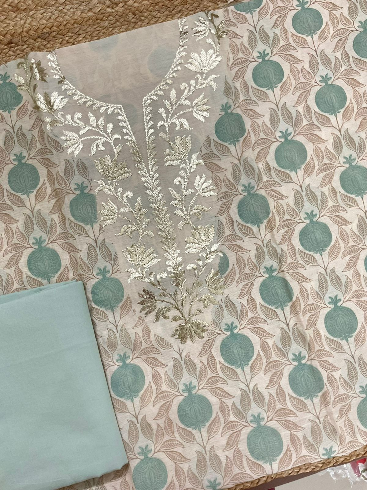 Pure Mul Chanderi Printed Embroidered Suit - Cream