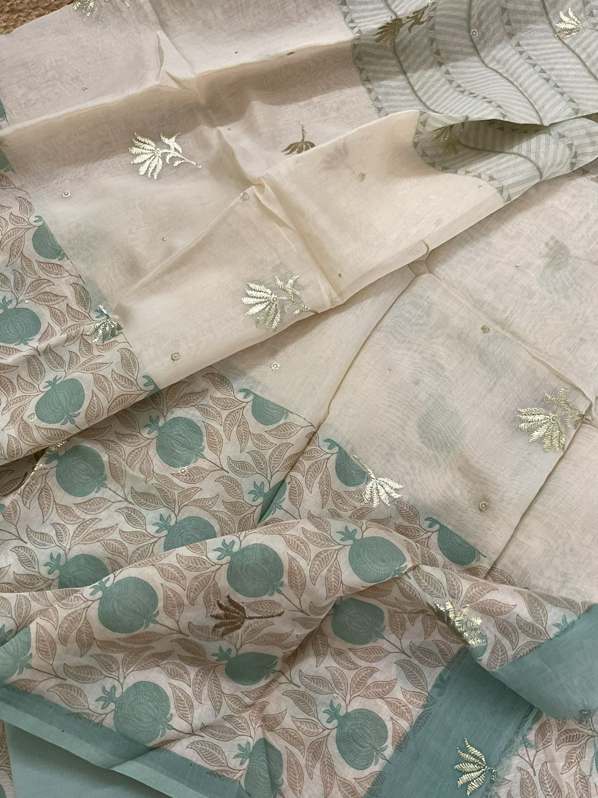 Pure Mul Chanderi Printed Embroidered Suit - Cream