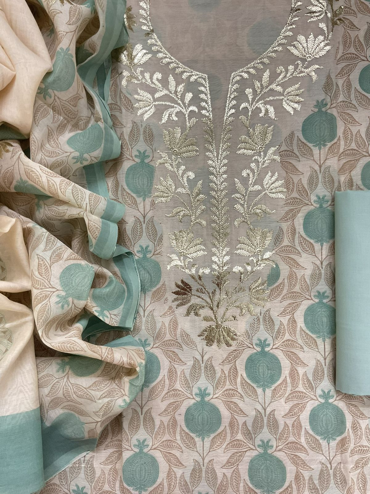 Pure Mul Chanderi Printed Embroidered Suit - Cream