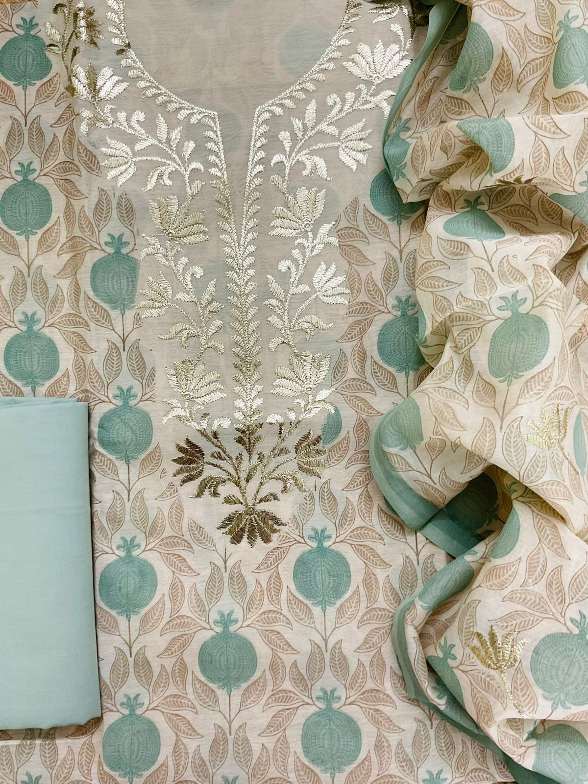 Pure Mul Chanderi Printed Embroidered Suit - Cream