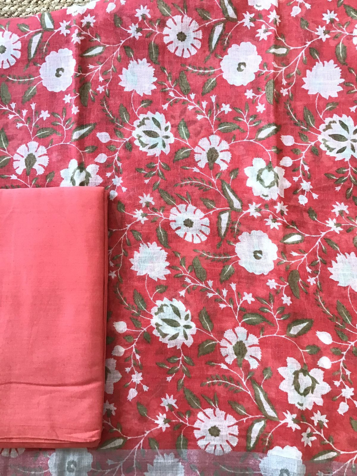 Pure Linen Jute Cotton Printed Suit - Peach