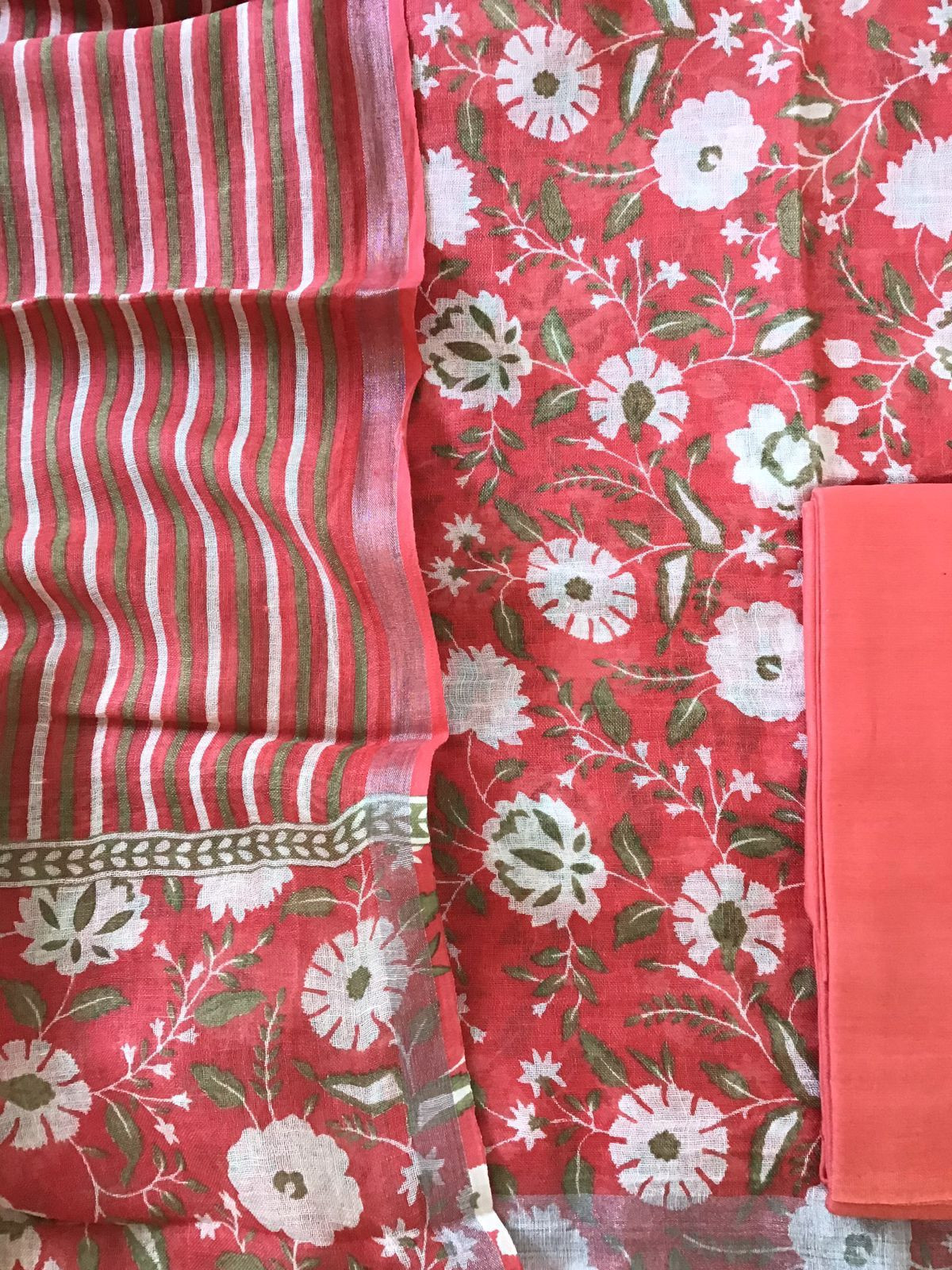 Pure Linen Jute Cotton Printed Suit - Peach