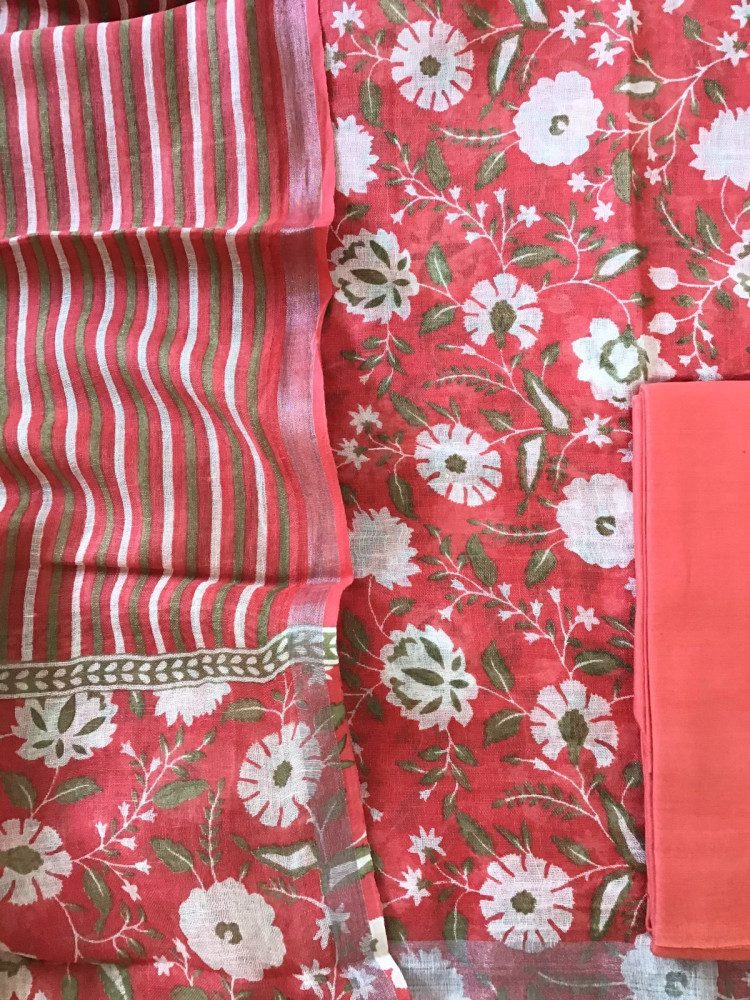 Image of Pure Linen Jute Cotton Printed Suit - Peach