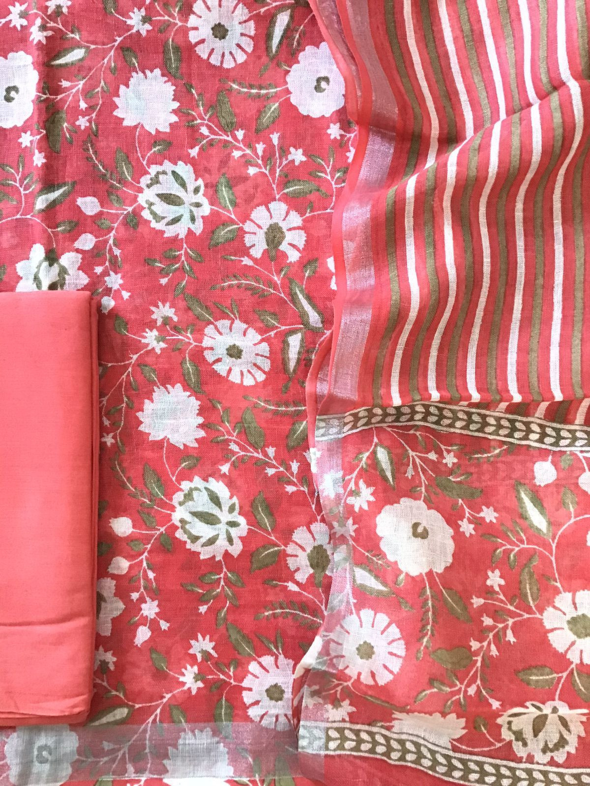 Pure Linen Jute Cotton Printed Suit - Peach