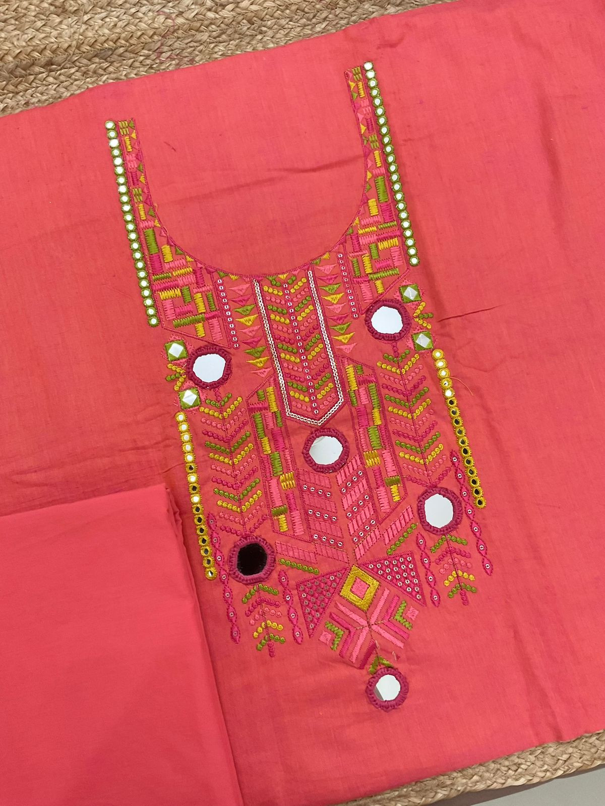 Pure Handloom Cotton Embroidered Suit - Peach