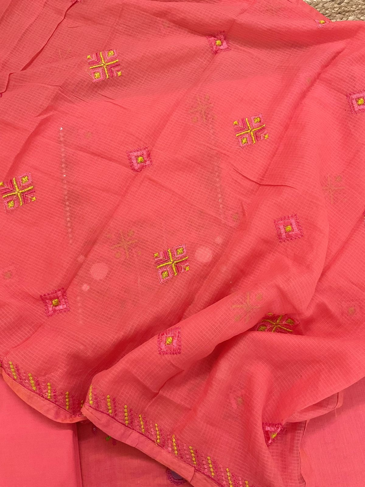 Pure Handloom Cotton Embroidered Suit - Peach