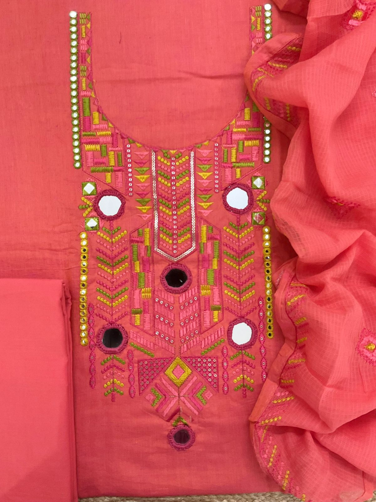 Pure Handloom Cotton Embroidered Suit - Peach