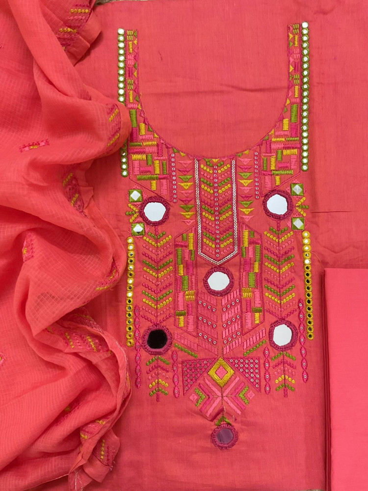 Image of Pure Handloom Cotton Embroidered Suit - Peach