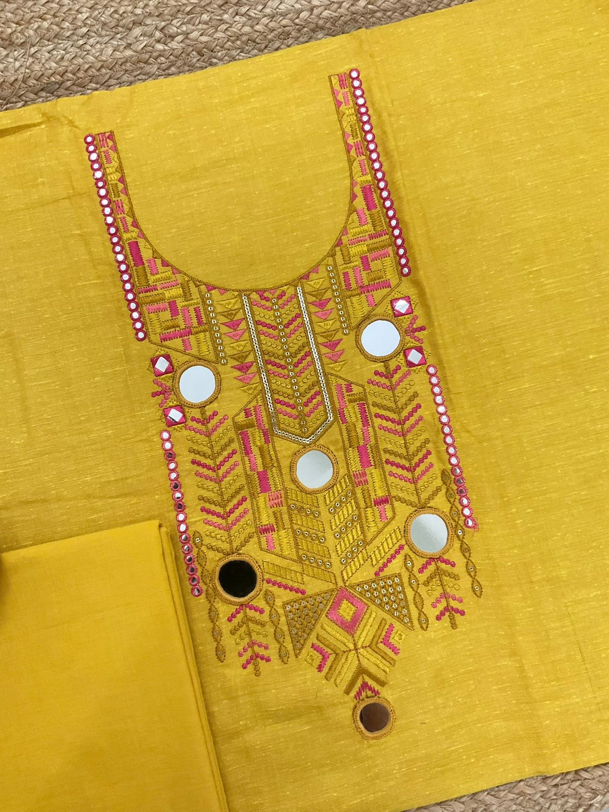 Pure Handloom Cotton Embroidered Suit - Yellow