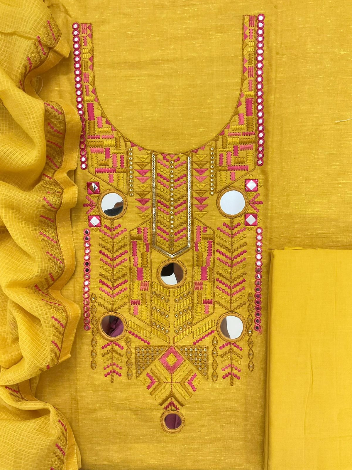 Pure Handloom Cotton Embroidered Suit - Yellow