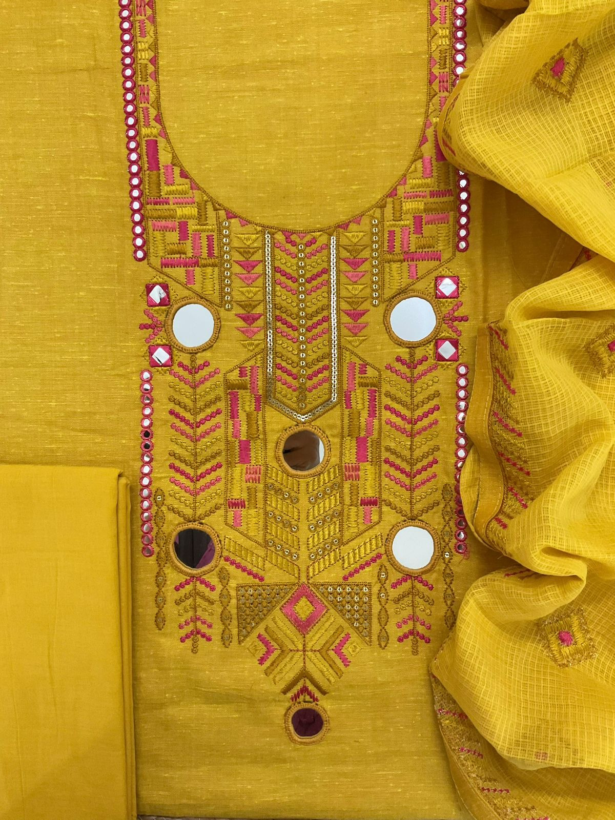 Pure Handloom Cotton Embroidered Suit - Yellow