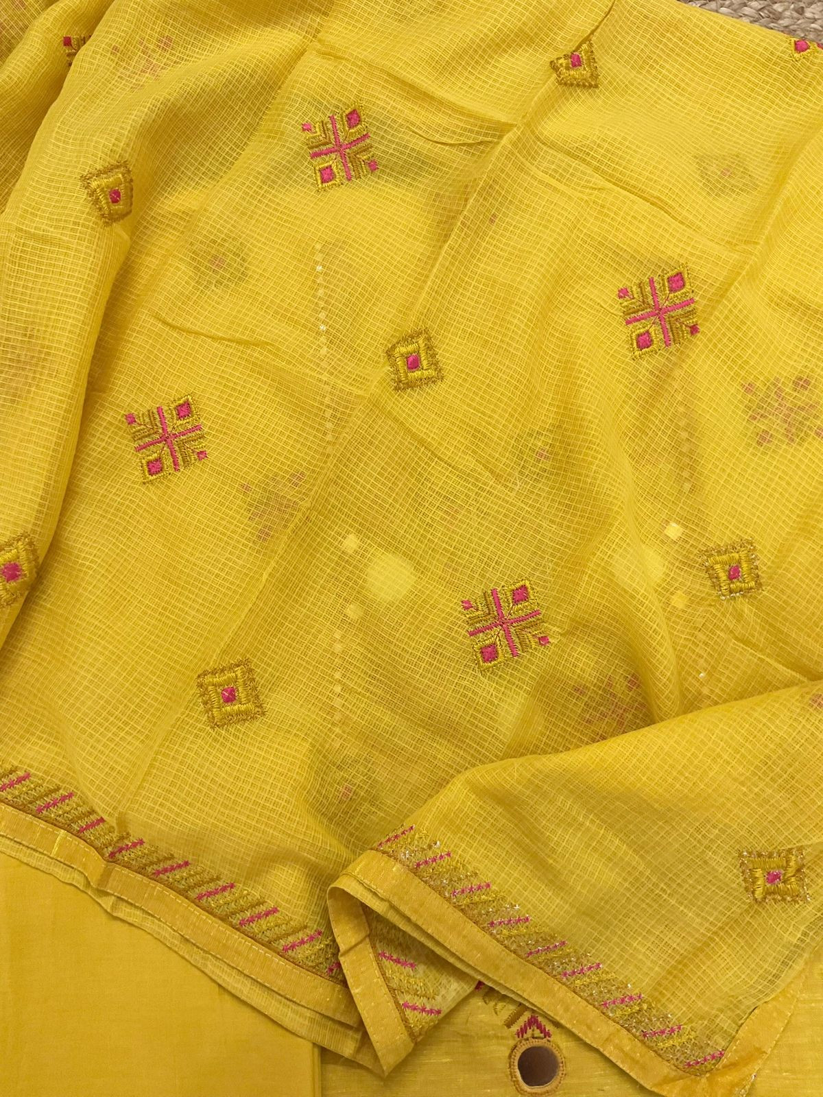Pure Handloom Cotton Embroidered Suit - Yellow