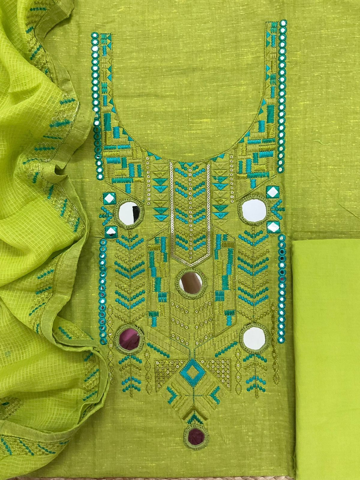 Pure Handloom Cotton Embroidered Suit - Green