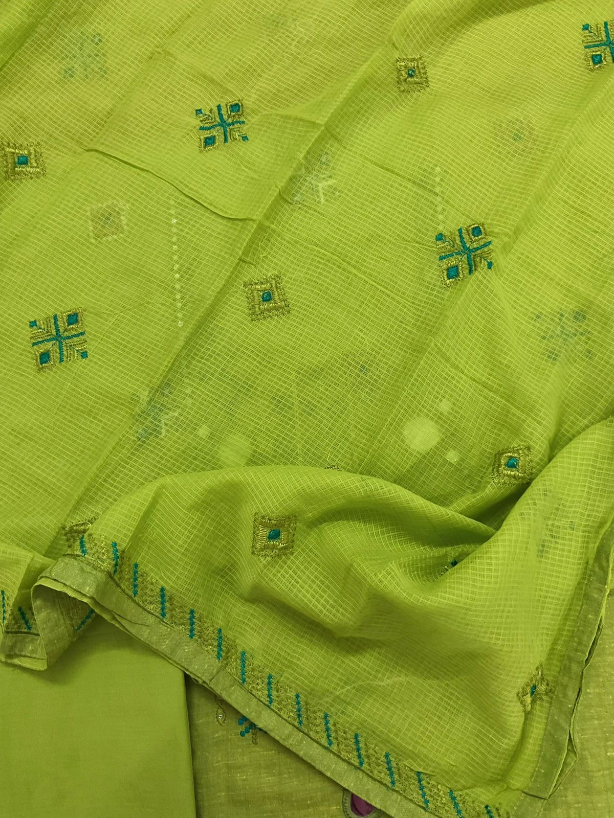 Pure Handloom Cotton Embroidered Suit - Green
