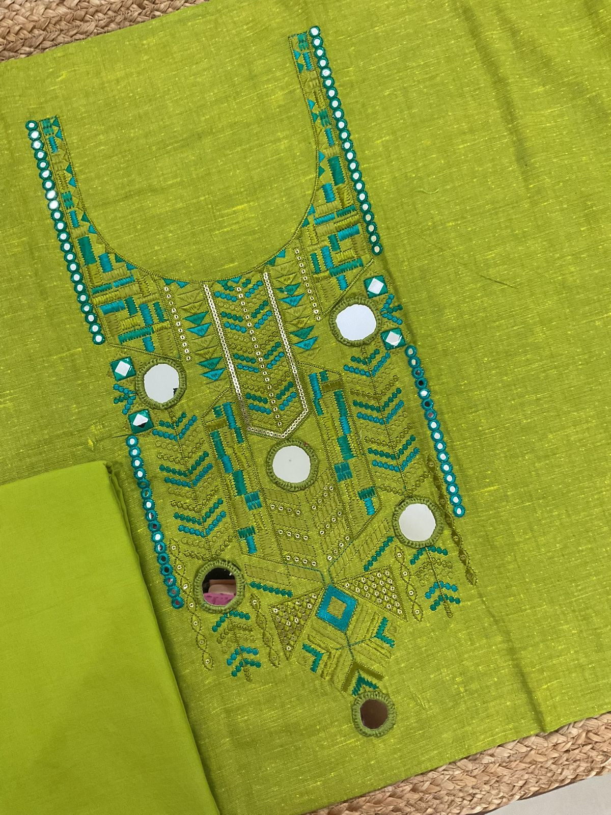 Pure Handloom Cotton Embroidered Suit - Green
