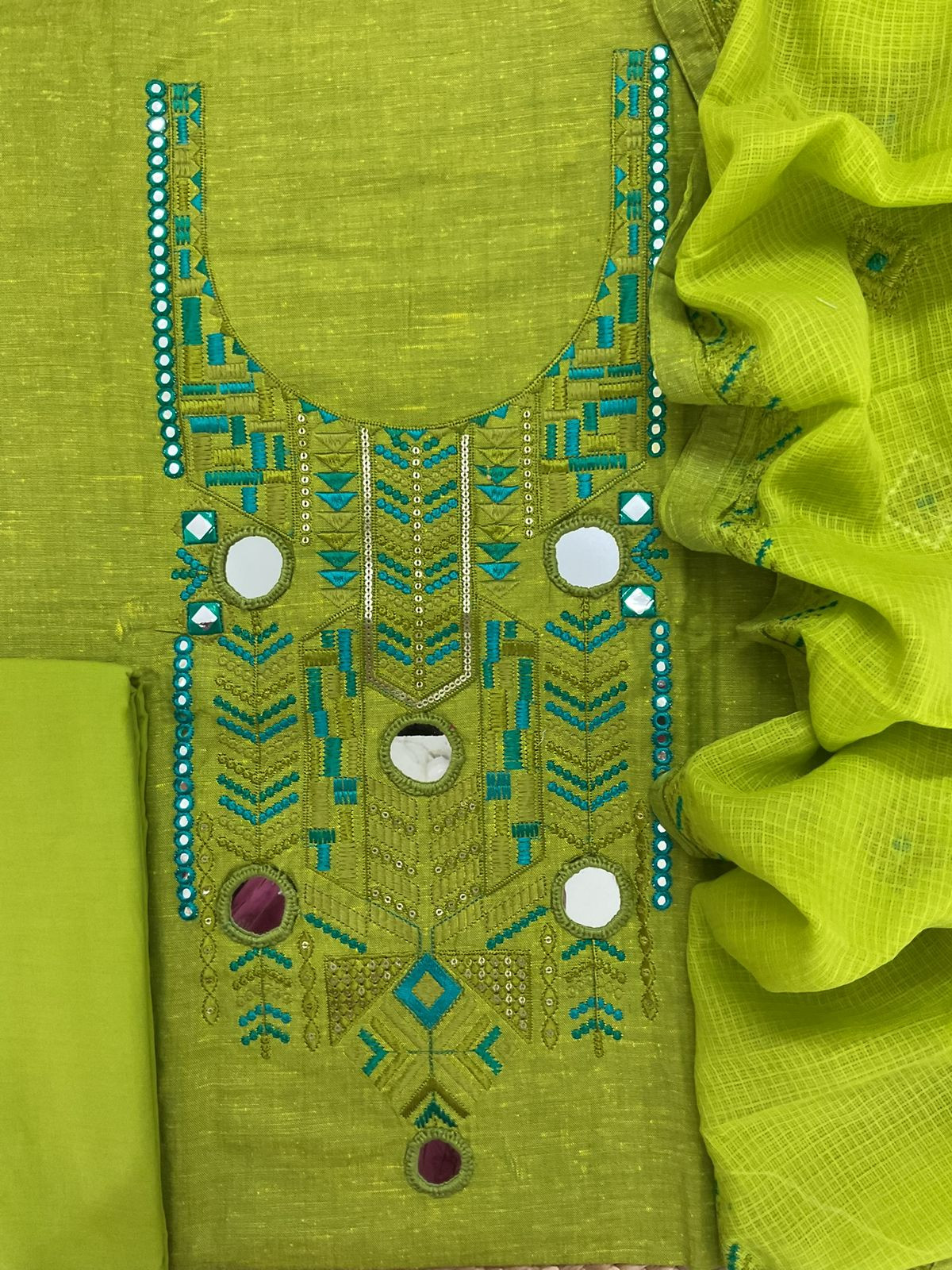 Pure Handloom Cotton Embroidered Suit - Green