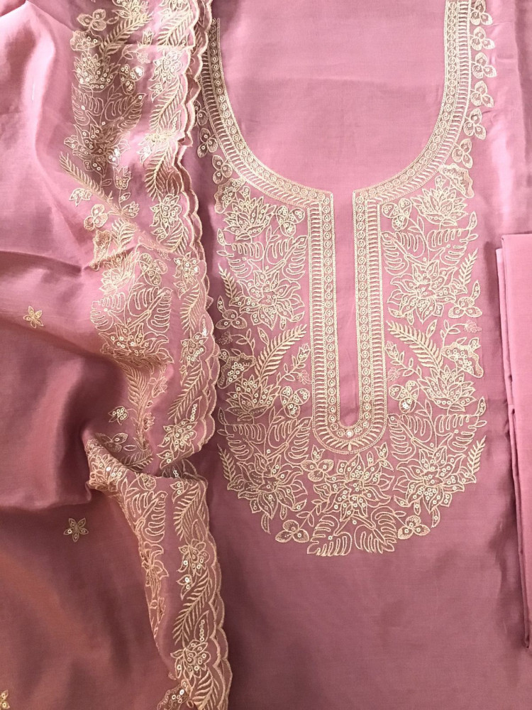 Image of Pure Chanderi Embroidered Suit - Pink