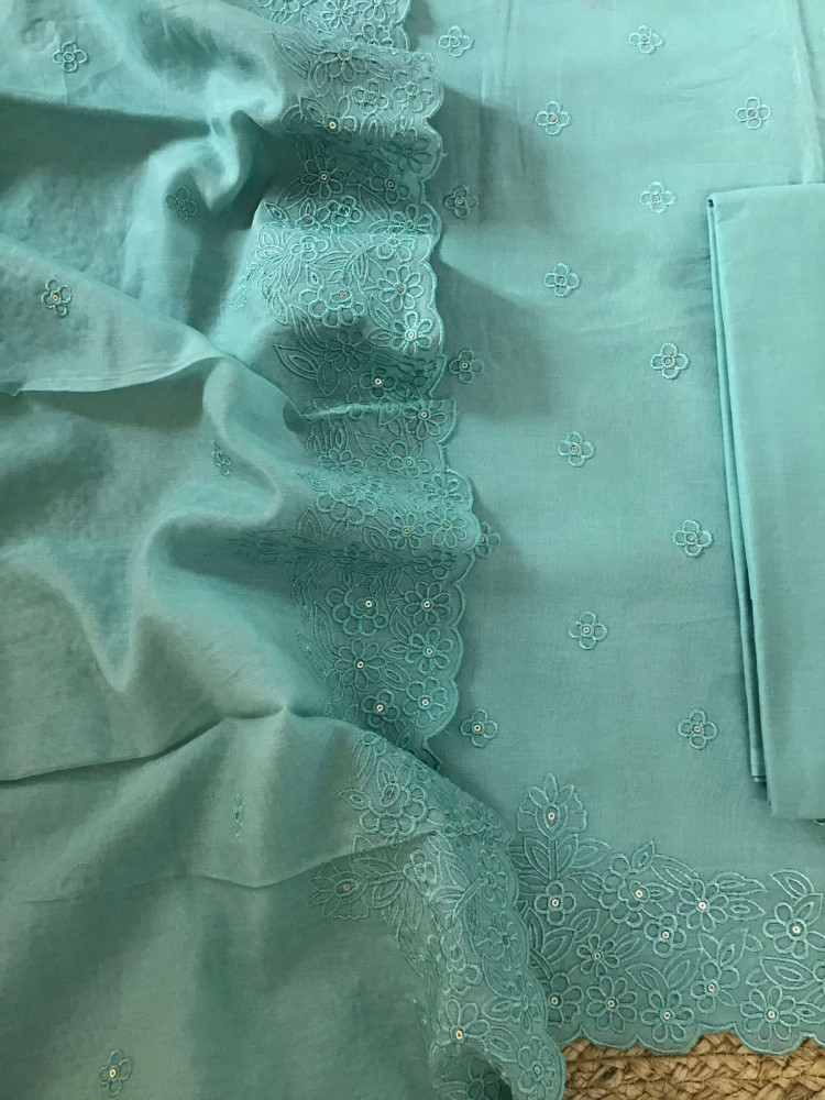 Image of Pure Chanderi Embroidered Suit - Blue