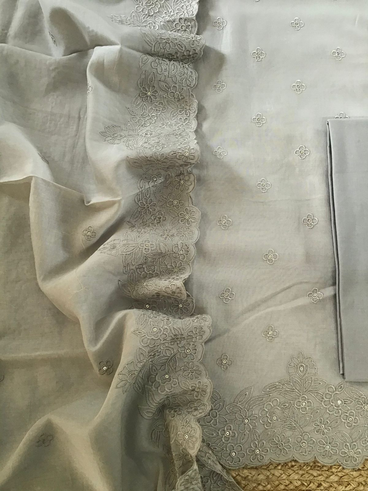 Pure Chanderi Embroidered Suit - Grey