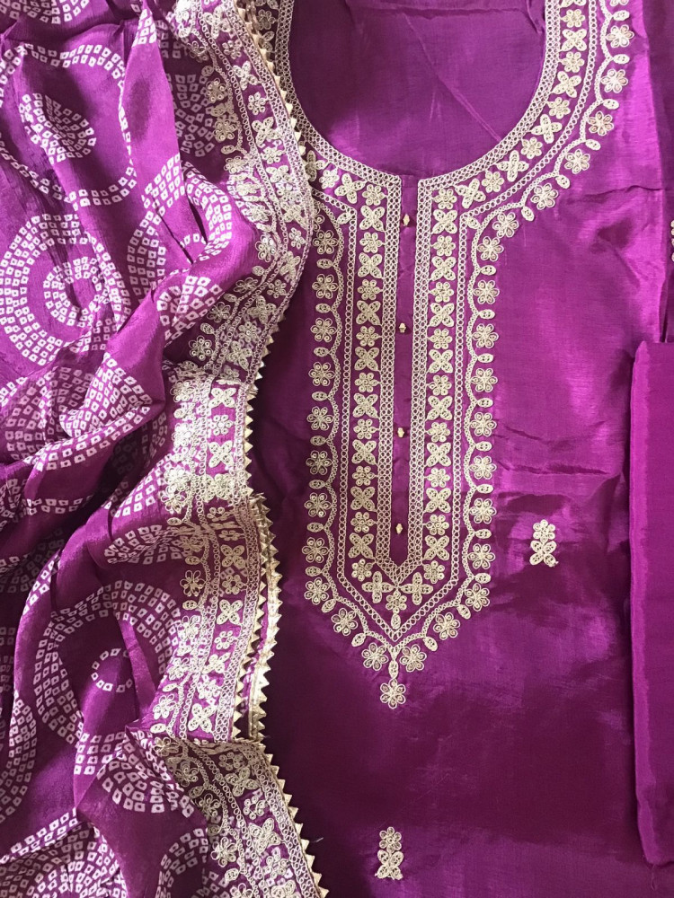 Image of Soft Dola Silk Printed Embroidered Suit - Purple