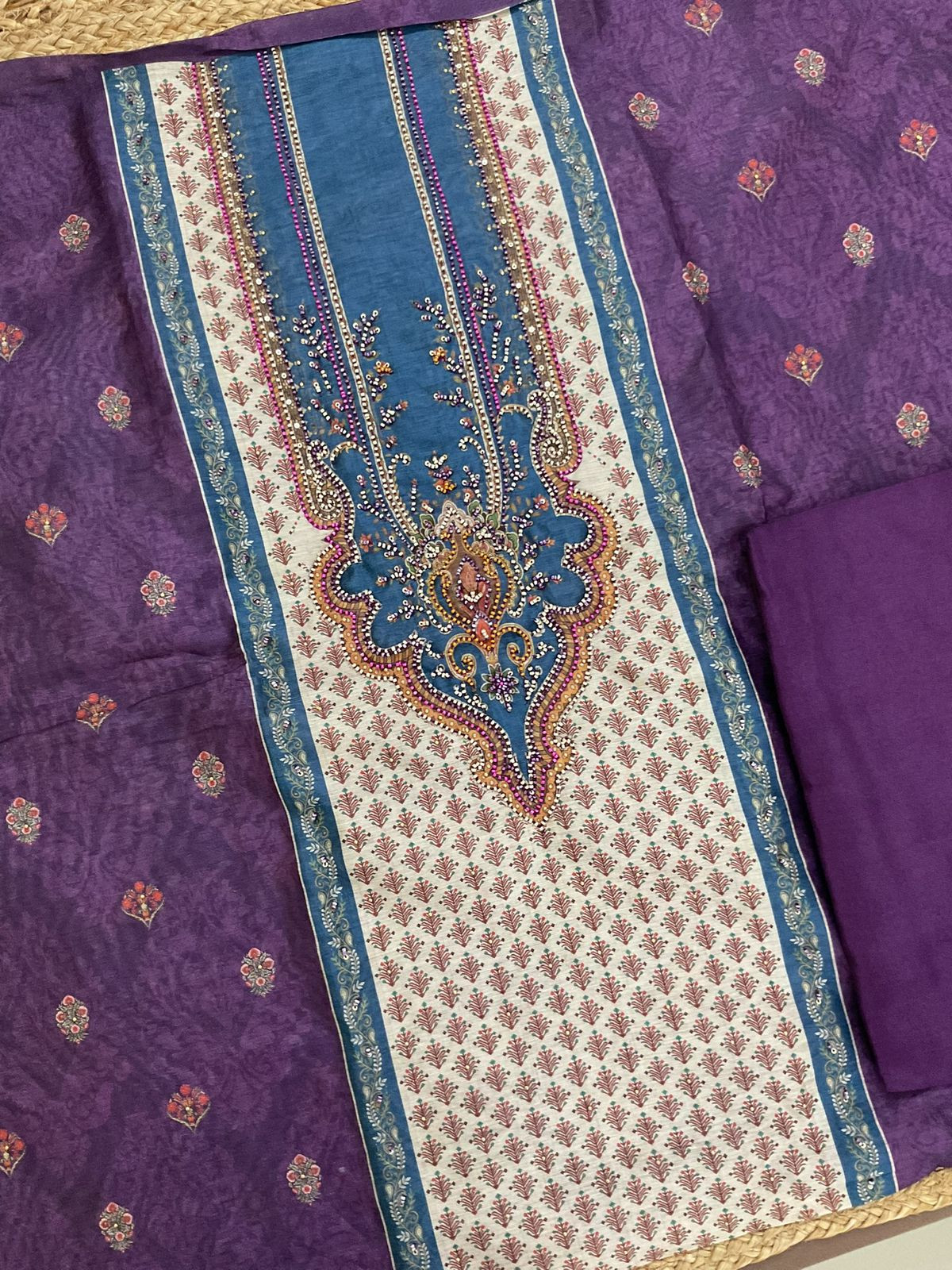 Soft Fine Kora Chanderi Printed Embroidered Suit - Purple