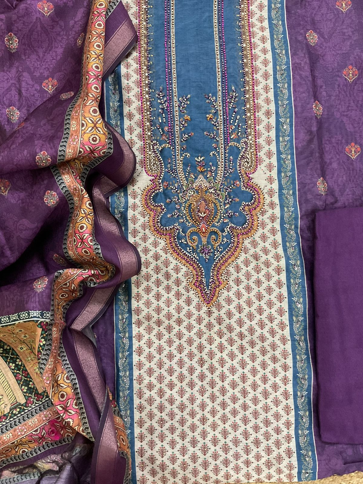 Soft Fine Kora Chanderi Printed Embroidered Suit - Purple