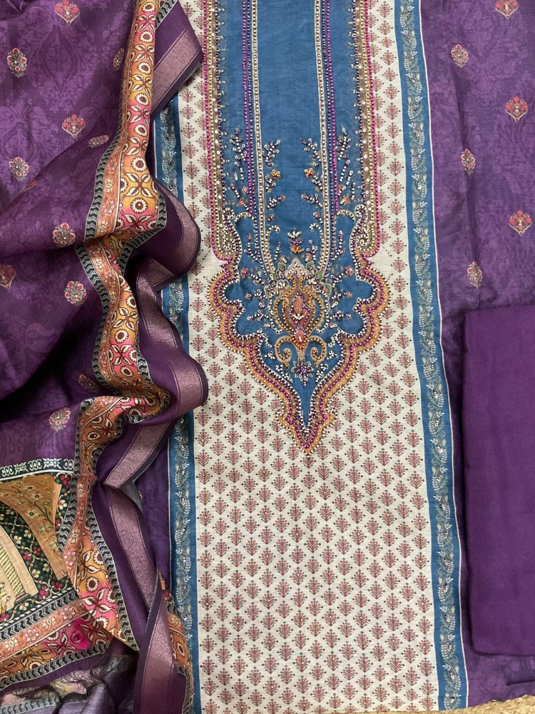Image of Soft Fine Kora Chanderi Printed Embroidered Suit - Purple