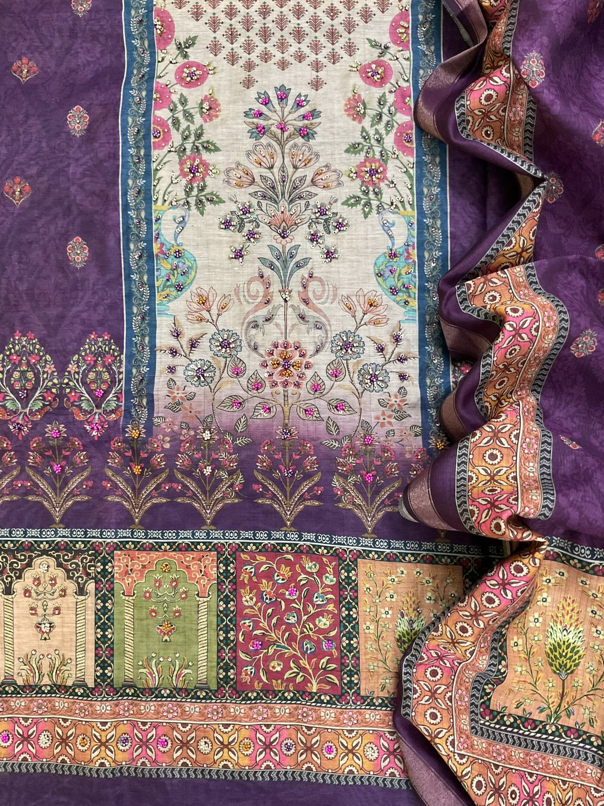 Soft Fine Kora Chanderi Printed Embroidered Suit - Purple